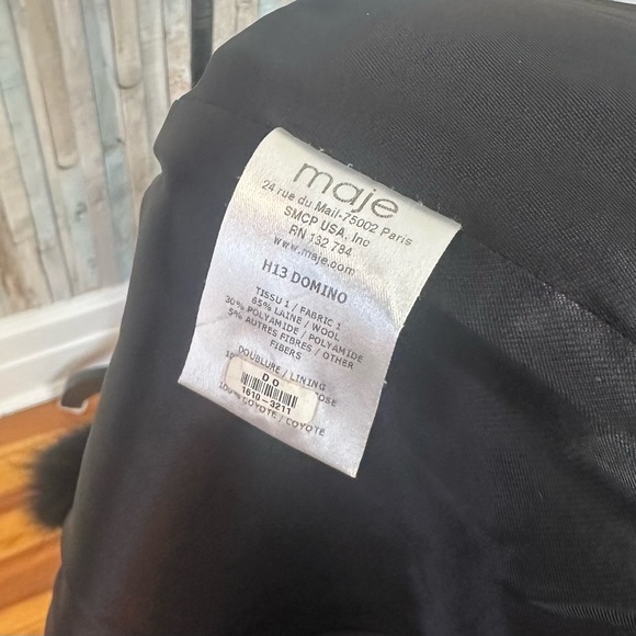 Maje 36 S Duffle Coat Wool Coyote Fur Collar Trim Jacket Black Tweed Buckle $745 - Picture 9 of 13